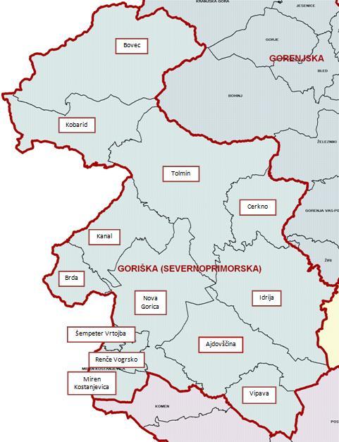 Slika 6: Občine v Goriški statistični regiji Vir: SURS Goriška statistična regija je redko poseljena, izjema je le mesto Nova Gorica z okolico. Ob popisu iz leta 2002 je v regiji živelo 118.