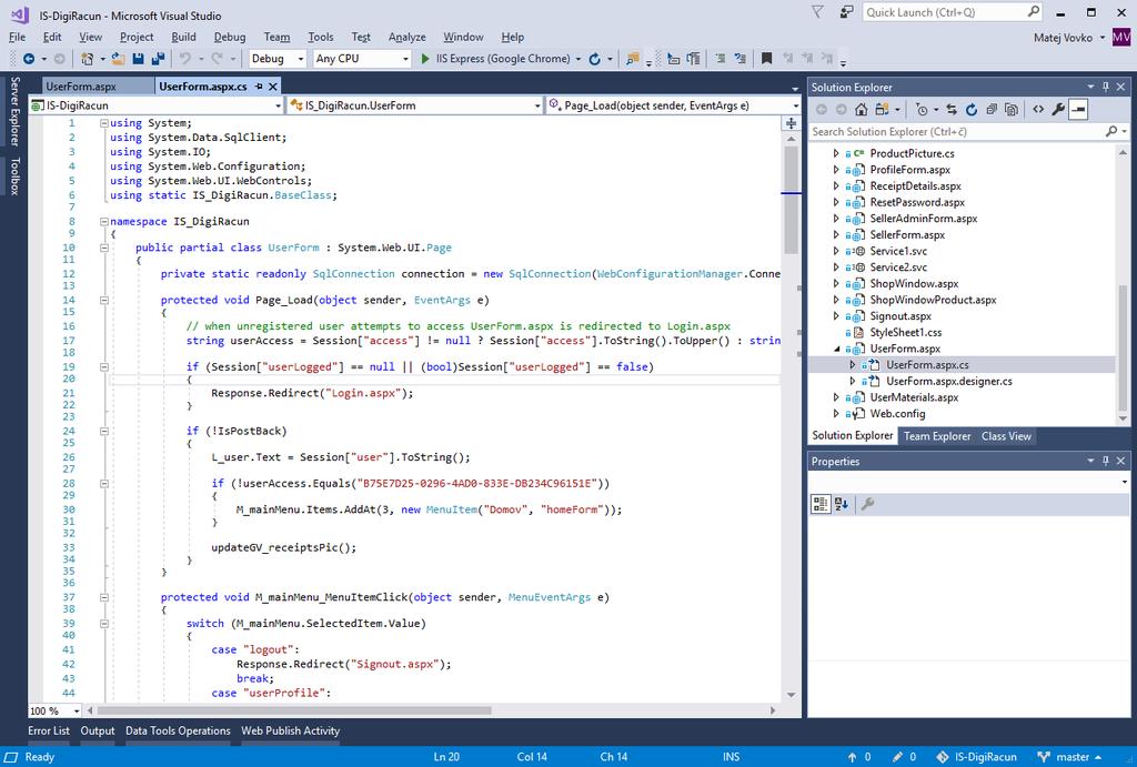 6 MATEJ VOVKO Slika 2.2: Razvojno okolje Microsoft Visual Studio. Visual Studio ponuja urejevalnik programske kode s samodejnim dopolnjevanjem med pisanjem programske kode.