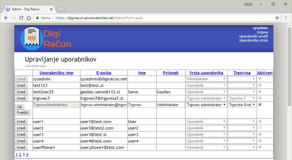 DIPLOMSKA NALOGA 39 Slika 5.3: Upravljanje uporabnikov v spletni aplikaciji IS. Administrator informacijskega sistema ima možnost upravljanja z registriranimi uporabniki (Slika 5.3).