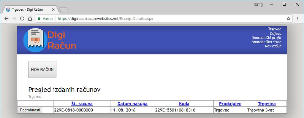 DIPLOMSKA NALOGA 45 Slika 5.9: Pregled izdanih računov v spletni aplikaciji IS.
