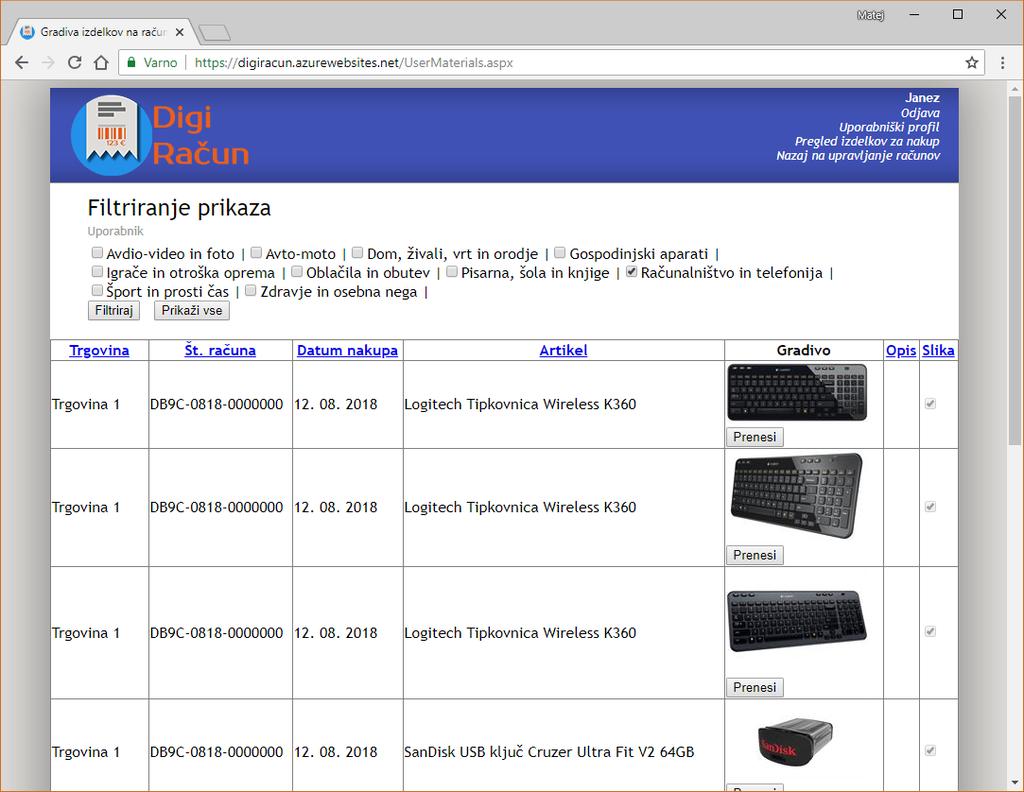 DIPLOMSKA NALOGA 51 Slika 5.16: Prikaz dodatnih gradiv izdelkov z vseh računov v spletni aplikaciji IS.