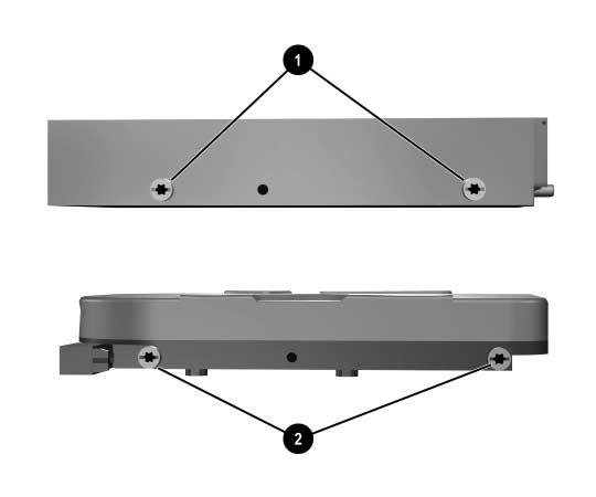 Nadgradnje strojne opreme Mesta vodilnih vijakov Razdalja med vodilnimi vijaki na 3,5-palčnem disketnem pogonu 1 je manjša, kot pri trdem disku 2. Pogon namestite v ležišče takole: 1.