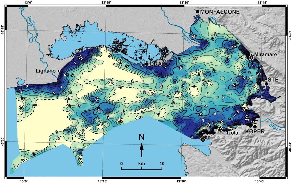 PROJEKTI: OBJAVA: Določanje debeline holocenskega morskega sedimenta v Tržaškem zalivu Debelina holocenskega morskega sedimenta v Tržaškem zalivu V osrednjem delu so debeline majhne ali celo pod mejo