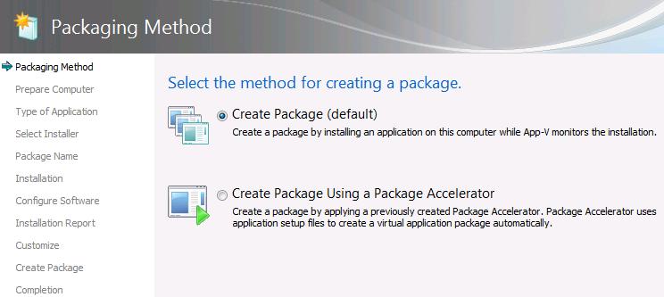 Priloga1: Virtualizacija programa IBM Rational Application Developer 8.0.3 Stran 2 2. Ker ustvarjamo čisto nov paket, smo izbrali Create Package (default). Slika 1.2: Izbira metode izdelave paketa 3.