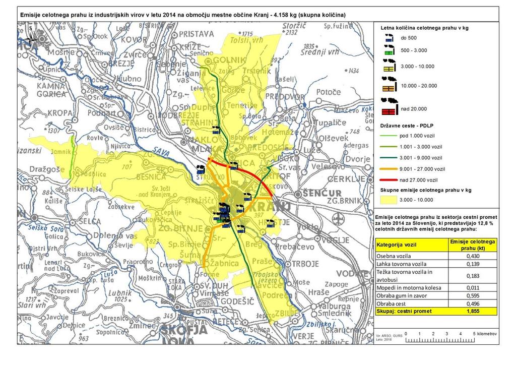 Slika 4: Lokacije posameznih virov emisij celotnega prahu v Mestni občini Kranj Na merilnem mestu Kranj je bilo med 15