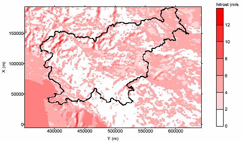 Slika 5: Vetrni potencial v Sloveniji 8.6 VODNI POTENCIAL Vir: http://www.arso.gov.si/podro~cja/vreme_in_podnebje/projekti/energija_veter.pdf.