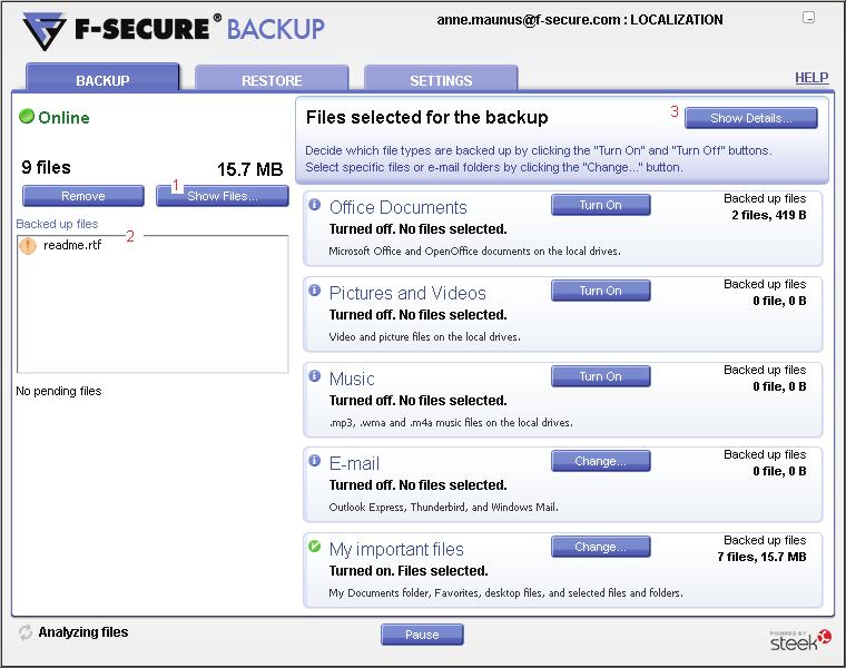 Slika 2: Glavni uporabniški vmesnik programa F-Secure Backup Vrste datotek Podroben dnevnik prenosov (4) se prikaže, ko kliknete gumb Prikaži podrobnosti.../vrste datotek (3) (glejte sliko 3).
