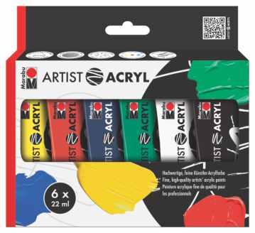 Kompleti Komplet vsebuje 6 tub (22 ml) umetniške akrilne barve Marabu Artist Acryl v naslednjih odtenkih (919 osnovna rumena, 936 cinober, 953 modra, 964 svetlo zelena, 970