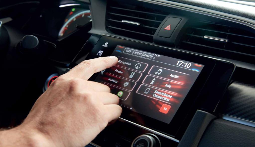 HONDA CONNECT Civic vsebuje novo generacijo 7 "Honda CONNECT avdio in informacijski sistem* z DAB digitalnim radiom, Apple CarPlay in Android Auto **.