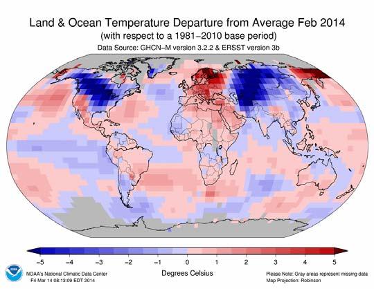 Stanje podnebja februarja 2014 Glavne značilnosti po svetu Povprečna prizemna temperatura zraka na svetovni ravni je bila februarja 2014 0,41 C nad povprečjem 20.