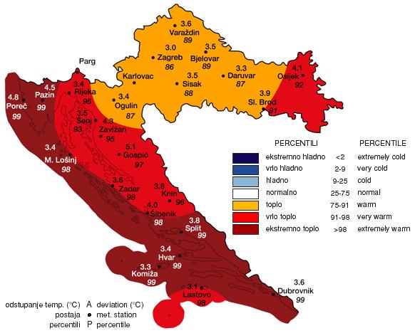 Vir:http://www.met.hu/eghajlat/magyarorszag_eghajlata/ Na Hrvaškem je bila povprečna prizemna temperatura zraka povsod v državi nad povprečjem obdobja 1961 1990.