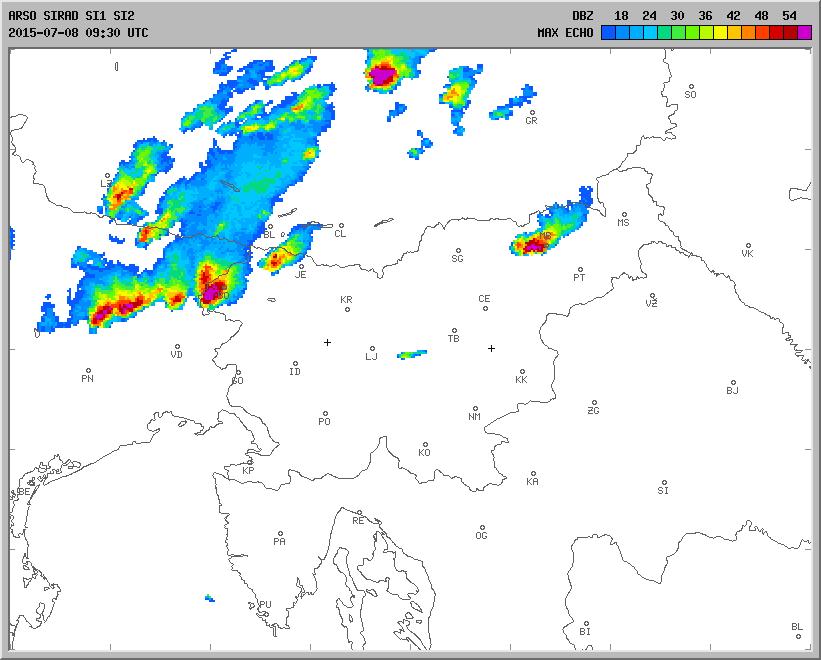 Slika 14. Največja radarska odbojnost padavin 6. julija ob 17.