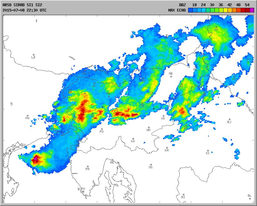 Slika 22. Največja radarska odbojnost padavin 9.