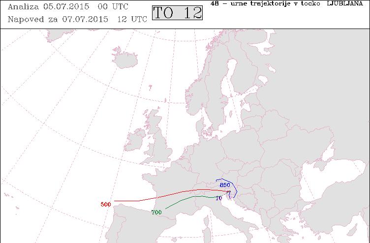 Slika 5. Predvidena 48-urna pot zračne mase na različnih višinah nad Ljubljano od 5. julija popoldne 