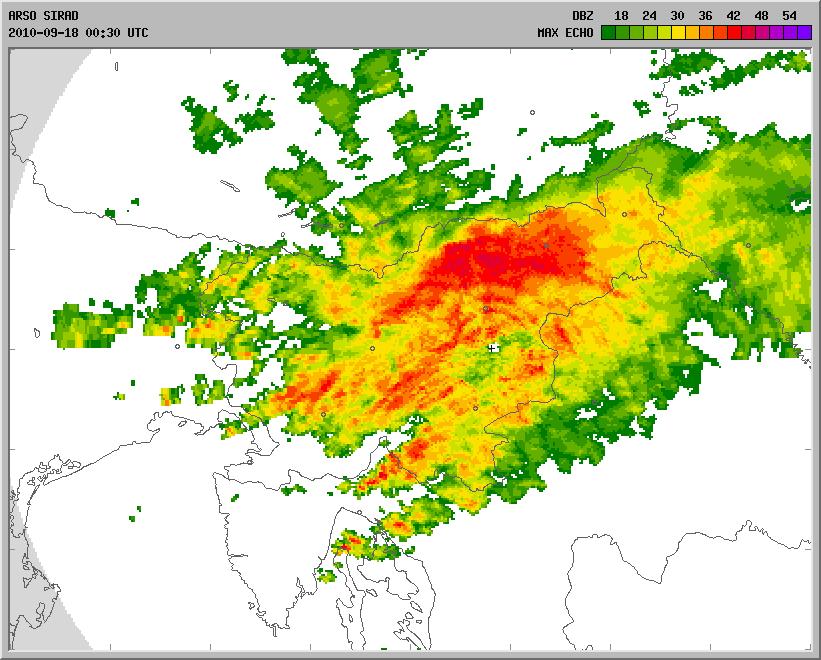 Slika 7. Slika največje radarske odbojnosti padavin 18.