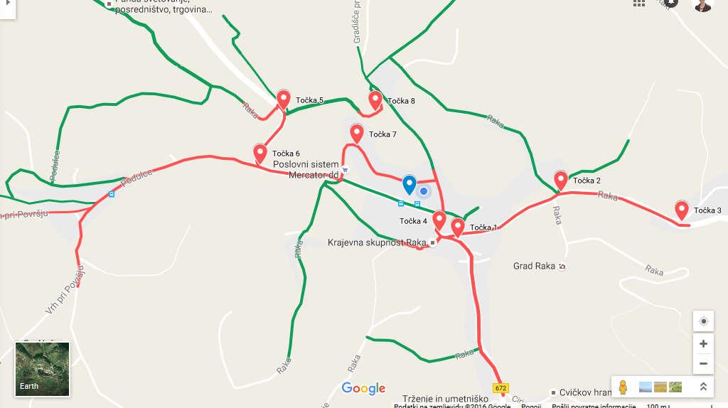 Slika 3: Pogled na poti, po katerih lahko pridejo v šolo pešci ter problematične točke (spletna povezava: https:// www.google.si/maps/@45.9293316,15.379457,16z/data=!4m2!6m1!