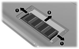 8. Dvignite pokrov prostora za pomnilniški modul (2) z računalnika. 9. Odstranjevanje obstoječega pomnilniškega modula: a. Na vsaki strani pomnilniškega modula povlecite zadrževalne sponke (1).