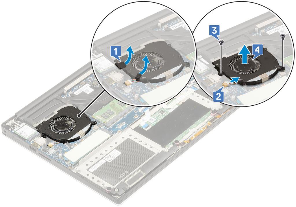 3 Po naslednjem postopku odstranite levi ventilator grafične kartice: a Sprostite trak Mylar, s katerim je kabel pritrjen na sistemsko ploščo [1].