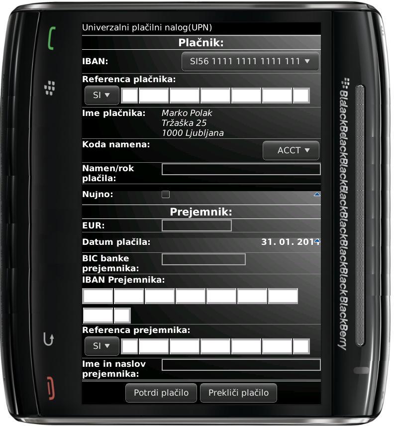 Ob navigacijskem kliku se prikaţe novo okno z UPN vnosno formo, razvito za uporabo na BlackBerry mobilnih napravah (Slika 41).