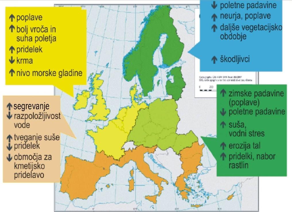 Predvideni vplivi podnebnih sprememb v različnih regijah Evropske