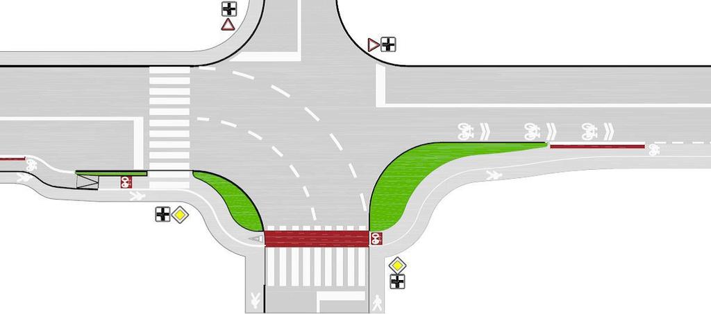 Slika 23: Potek kolesarskega pasu po prednostni smeri v območju križišča (4) Ne glede na prejšnji odstavek se kolesarski promet za smer levo lahko vodi tudi posredno, kjer se izvede prehod