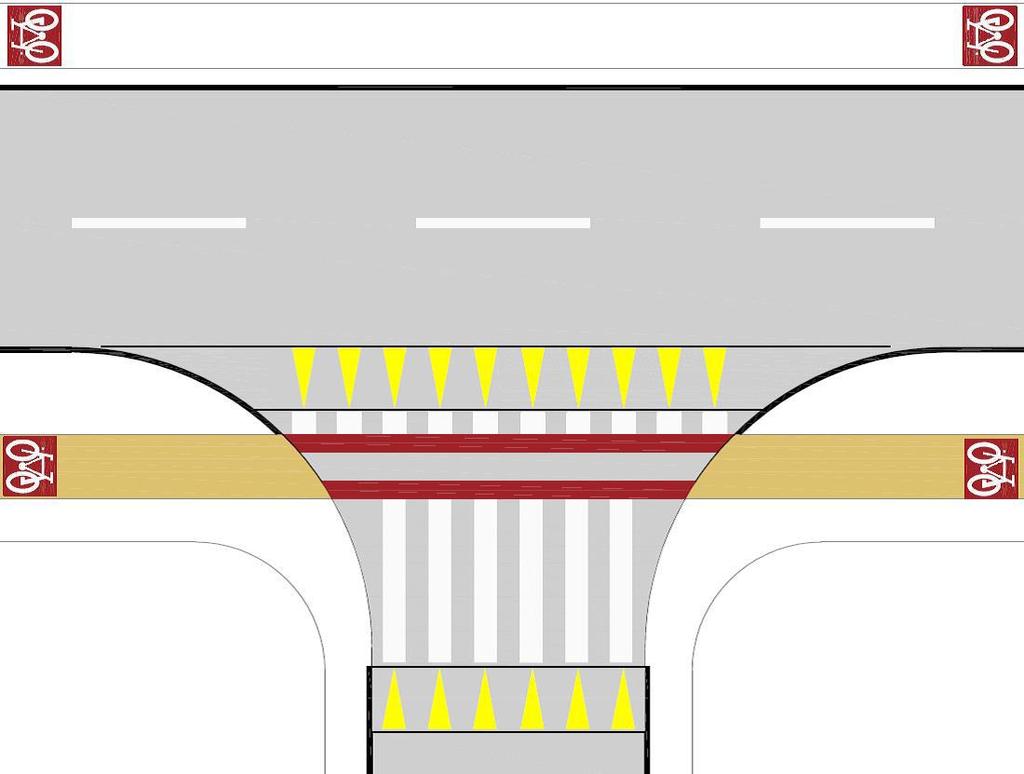V naseljih se križanje kolesarske steze z maloprometnimi in dostopnimi cestami ter cestnimi priključki lahko izvede v obliki dvignjene ploščadi, ki hkrati deluje kot