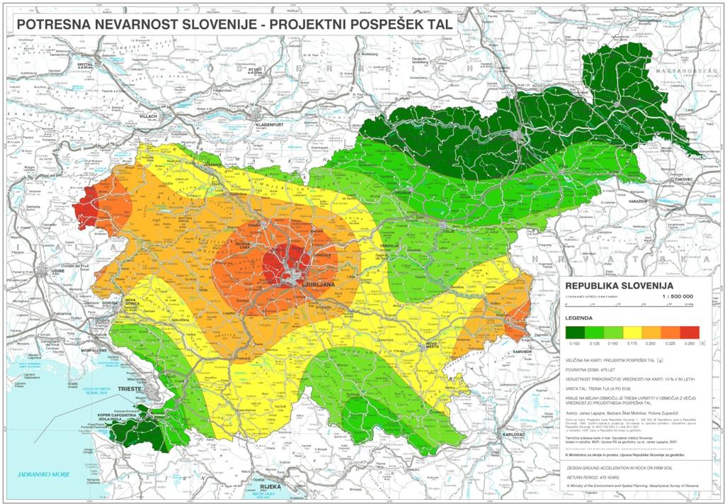 8 Bajc, K. 2014. Potresna analiza montažne armiranobetonske hale. Slika 3.1: Karta potresne nevarnosti Slovenije (ARSO, 2014) 3.