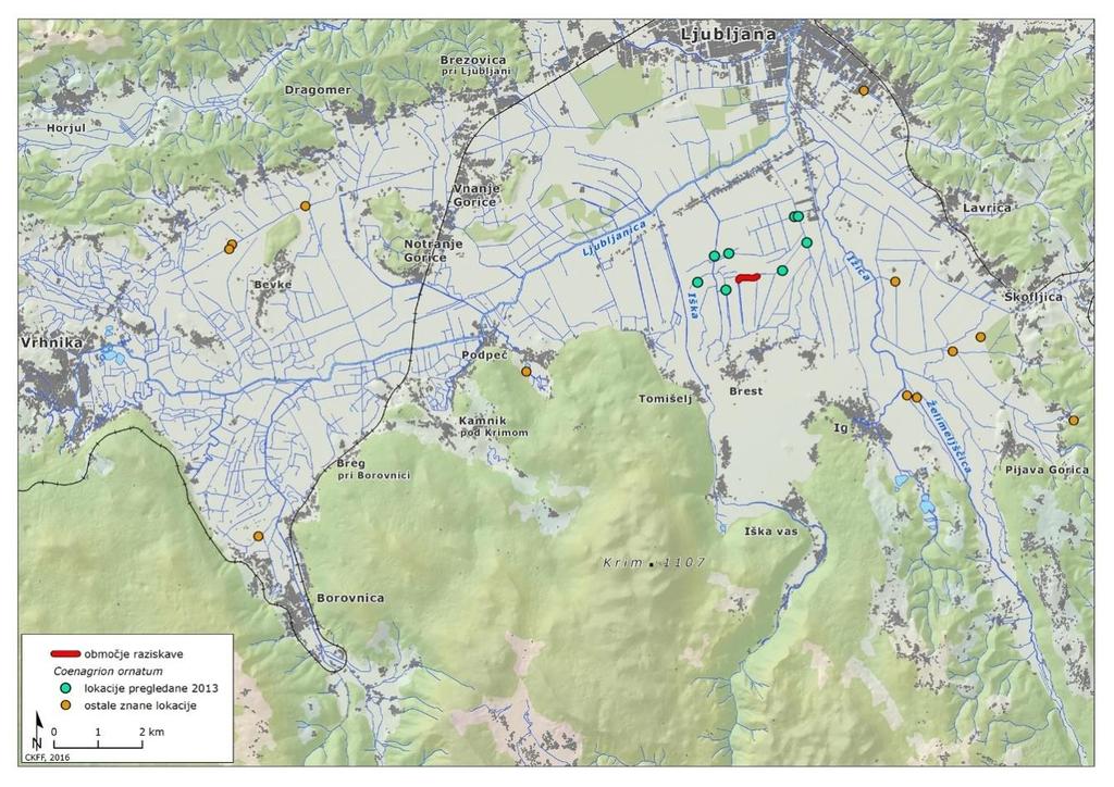 Slika 12: Podatki znanih lokacij koščičnega škratca na Ljubljanskem barju. Z modro so označene lokacije, pregledane tekom raziskave, z oranžno pa ostale znane lokacije.
