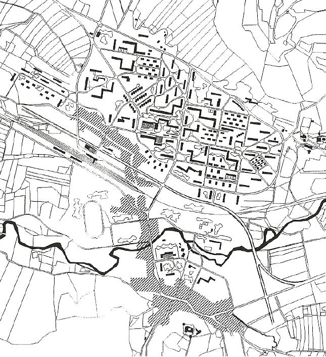 6 Slika 2: Strmeckijev koncept Velenja (Poles, 1999: 448) Center mesta je bil pomaknjen proti severu, stal je na območju današnjega Sončnega parka.