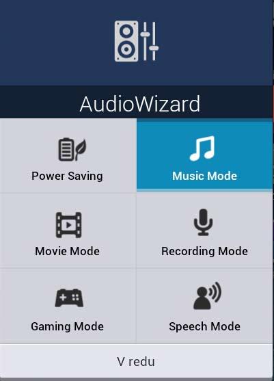 AudioWizard S programom AudioWizard lahko prilagajate zvočne načine naprave Tabličnega računalnika ASUS za čistejši zvok, ki ustreza dejanskim pogojem uporabe.