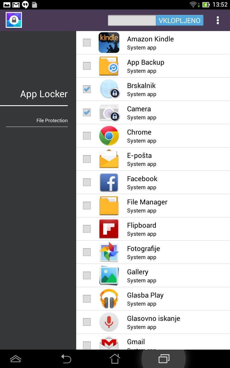 Zaslon App Locker (Zaklep aplikacij) Tapnite tukaj, da konfigurirate nastavitve programa App Locker (Zaklep aplikacij).