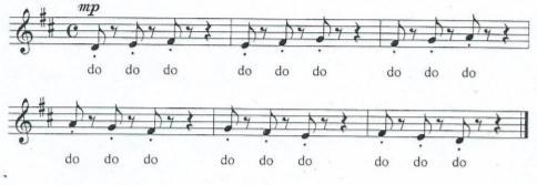 vdih na f v malih količinah 6-krat; izdih na č 6-krat; kratek vdih na 4 dobe, nato sledi izgovarjanje glasov p, t, k v ritmu (Žvar, 2001, str.