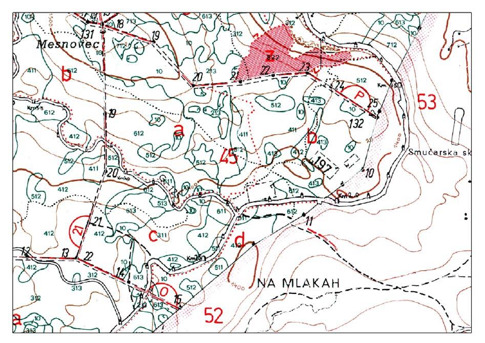 5 3 MATERIAL IN METODE DELA Razred Subalpinsko smrekovje, kjer leži ploskev 197, obsega 651,44 ha gozdov na območju Mesnovca, v Jeromovih jamah, Krucmanovih kontah in nad Medvedovcem ter predstavlja