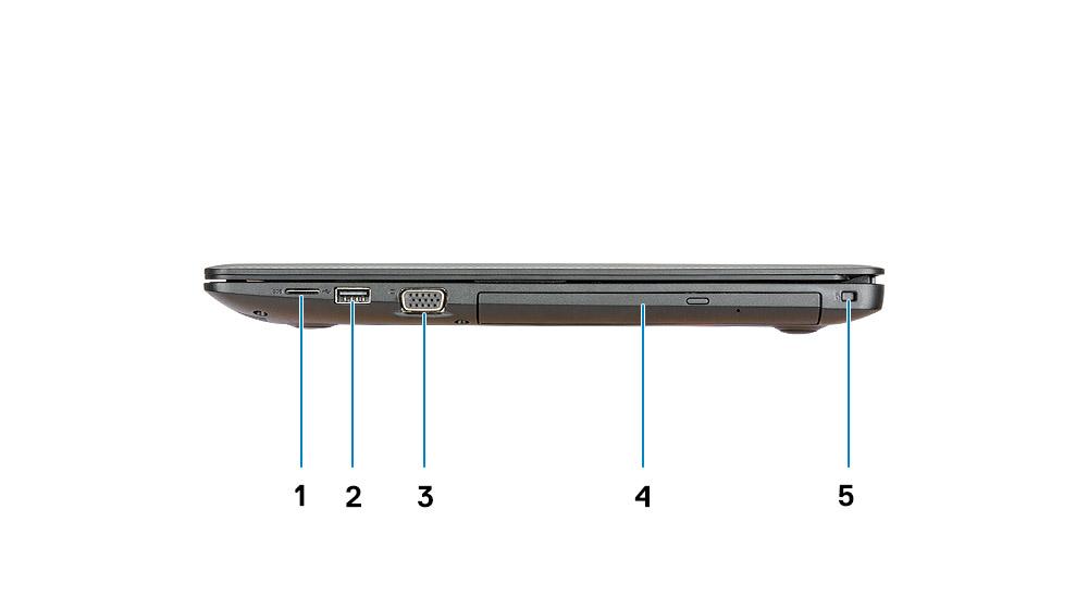 Pogled z leve strani 1 Vrata za napajalnik 2 Lučka stanja baterije 3 Vrata HDMI 4 Omrežna vrata 5 Vrata USB 3.1 1.