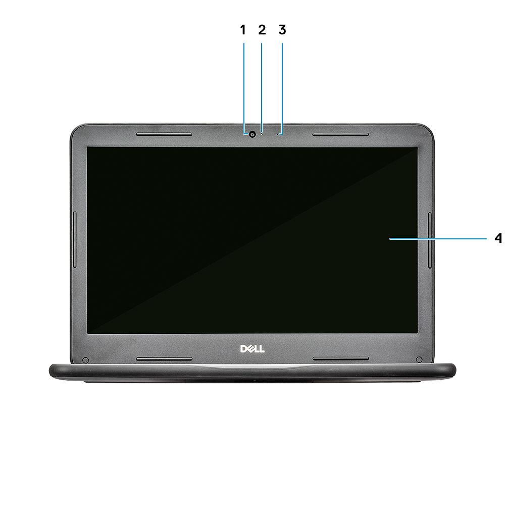 Pogled s sprednje strani 1 Kamera 2 Lučka stanja kamere 3 Mikrofon 4 Zaslon LCD Primerjava izdelkov Tabela 1. Primerjava izdelka s predhodnim modelom Procesor Latitude 3380 Latitude 3300 6.