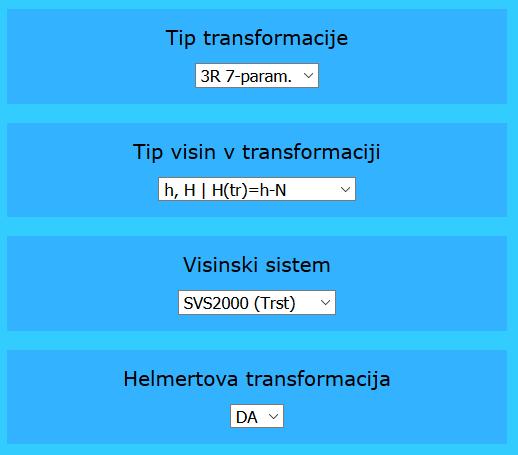 Slika 5a: Nastavitve za transformacijo (SiTra) Slika 5b: Nastavitve za transformacijo (Protra) V okvirju Tip transformacije izberemo tip transformacije glede na razsežnost podatkov.