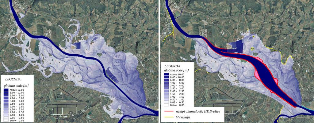 Slika 6: Primerjava območja poplavljanja pred (levo) in po (desno) izgradnji HE Brežice ter ustreznih protipoplavnih ukrepov za primer ozkega visokovodnega vala s konico 3960 m 3 /s.