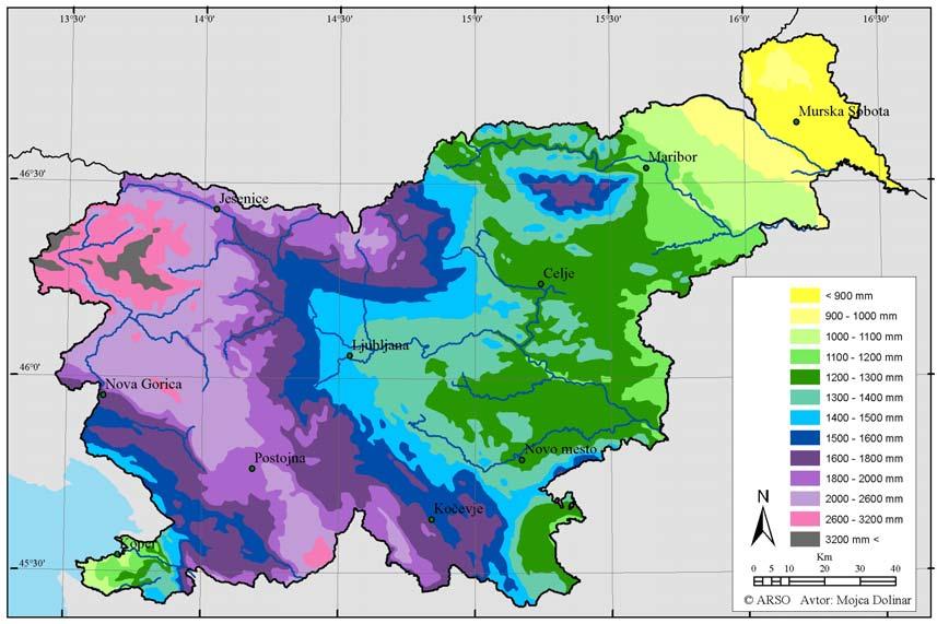 2 PADAVINE 2.1 Povprečne padavine Prostorska porazdelitev padavin v Sloveniji je močno povezana z njenim razgibanim reliefom (slika 1).