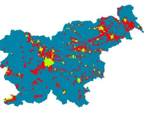 Slovenija URBAN >500 hab/km², 3% of area 45% population in 159 towns, SUBURBAN 100-500 hab/km², 16% of