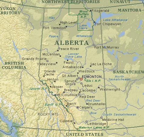 Slika 103: Zemljevid Alberte Alberta, zahodnokanadska provinca se razteza 1216 kilometrov od severa do juga, ter 650 kilometrov po širini in jo po večini pokriva stepa, oziroma prerija.