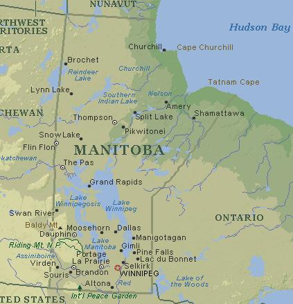 21.3. MANITOBA Slika 141, 142: Zastava Manitobe, ter njen zemljevid Manitoba je provinca na jugu centralnega dela Kanade in pokriva površino 649 950 kvadratnih kilometrov.