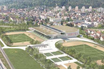 2 (12012) Natečajna rešitev ponuja zasnovo z vzporedno postavitev tribun za atletski stadion in za športno dvorano.