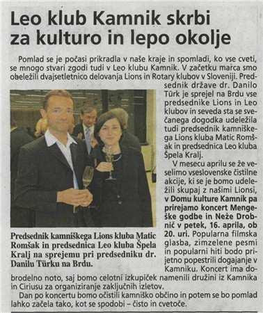 Kamniški Občan Naslov: Leo klub Kamnik skrbi za kulturo in lepo okolje Datum: 08.04.