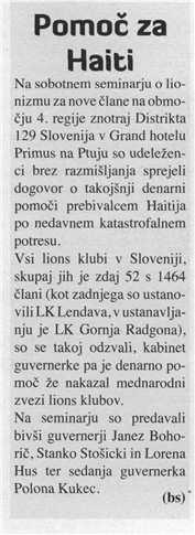 Panorama - Slovenska Bistrica Naslov: Pomoč za Haiti Datum: 21.01.