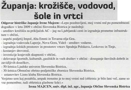 Panorama - Slovenska Bistrica Naslov: Županja: krožišče, vodovod, šole in vrtci Datum: 28.01.