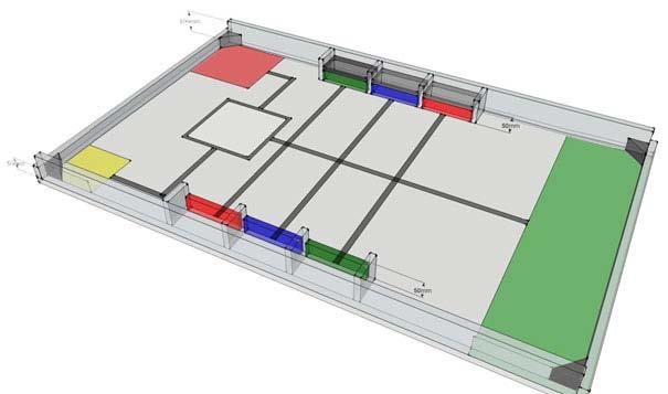 Slika 3: 3D prikaz tekmovalne površine z vertikalnimi merami Splošne lastnosti tekmovalne površine: osnovna barva površine je bela, z označenimi conami»start«- zelena,»cilj«- rdeča,»zbiralnik 4.
