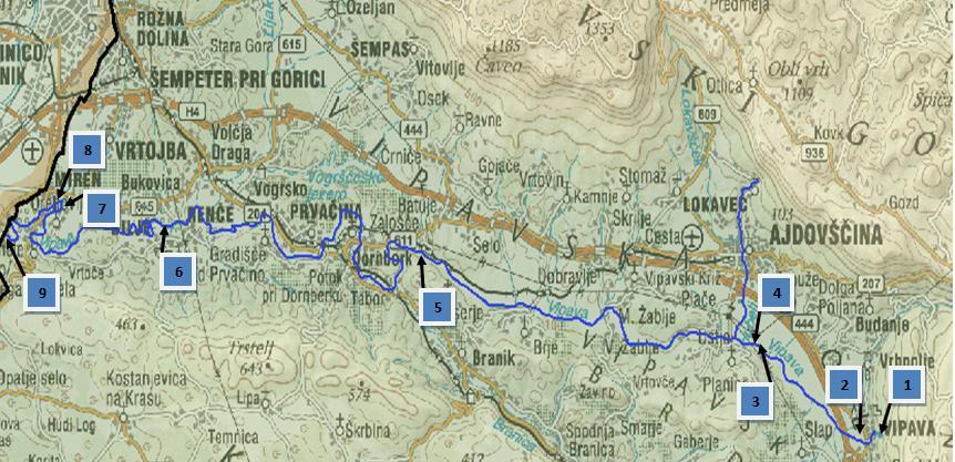 vzorčno mesto št. 9 se nahaja v Mirnu, in sicer tam, kjer reka Vipava zapušča slovensko ozemlje in teče na italijansko stran.