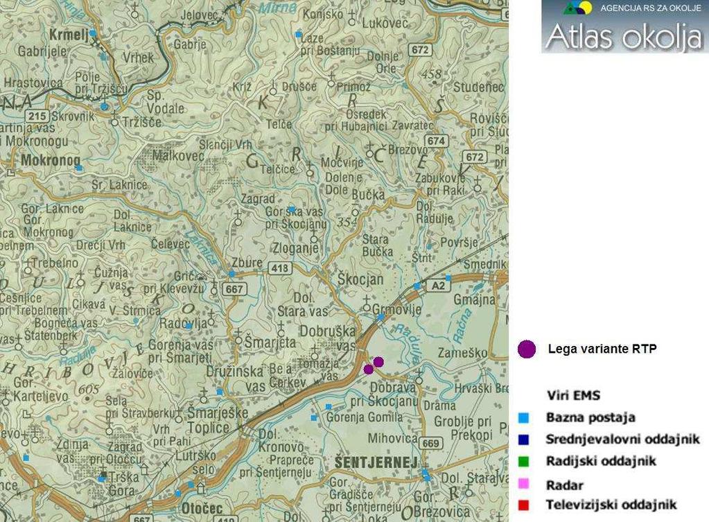 Slika 26: Prikaz visokofrekvenčnih virov sevanja na širšem območju DPN (vir: Atlas okolja, oktober 2012) V oddaljenosti ca 150 m lokacije RTP po varianti 2 se nahajajo poselitvena območja (romska