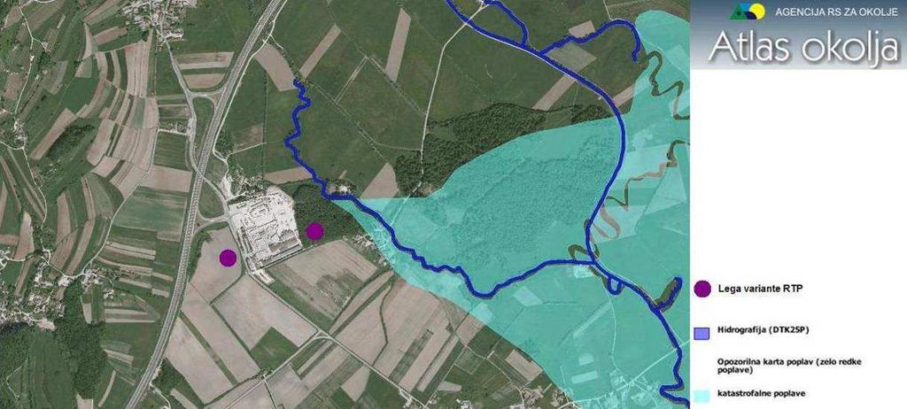 Slika 15: Opozorilna karta poplav na obravnavanem območju plana (vir: : Atlas okolja, november 2012) Vodovarstvena
