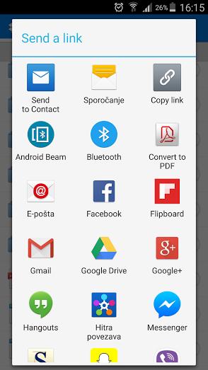 Slika 4.2: Dropbox-ova mobilna aplikacija ponuja enostavne in raznolike možnosti za deljenje podatkov po različnih kanalih ali aplikacijah Vir: Gostimirović, lastni prikaz (2015) 4.